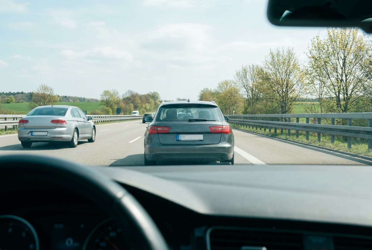 Blick durch die Windschutzscheibe auf die dicht vorausfahrenden Rücklichter