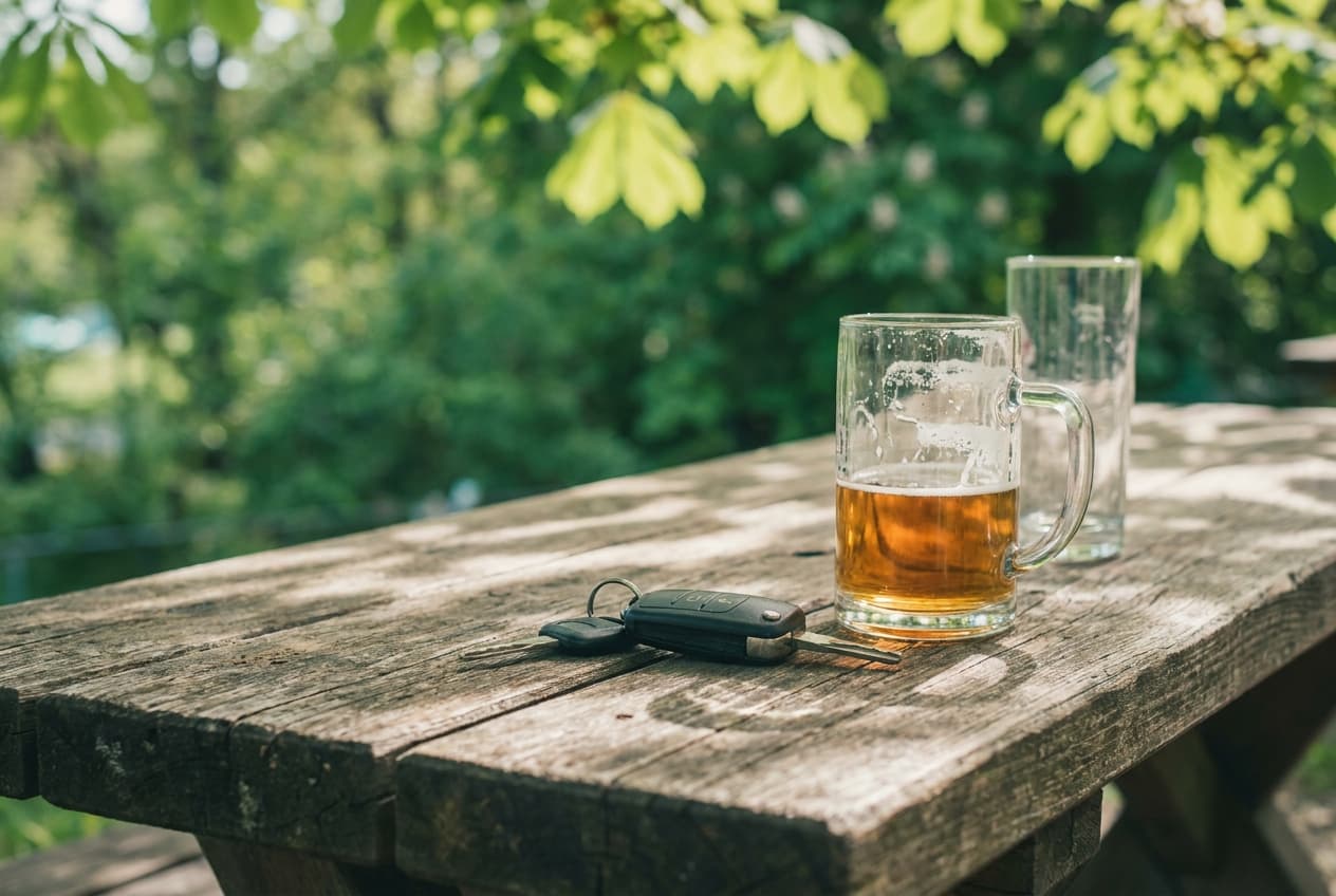 Autoschlüssel neben einem halb geleerten Bierglas auf einem Biergartentisch