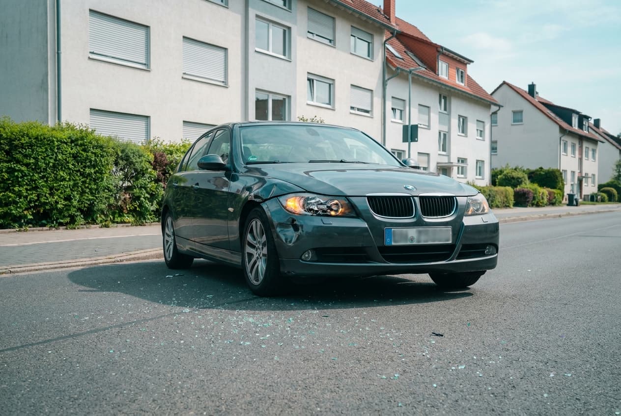 Auto mit beschädigter Front und Glassplittern auf der Fahrbahn einer Wohnstraße