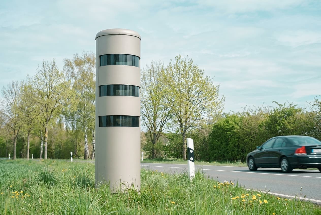 Stationäre Blitzersäule am Rand einer Landstraße, ein Auto fährt vorbei