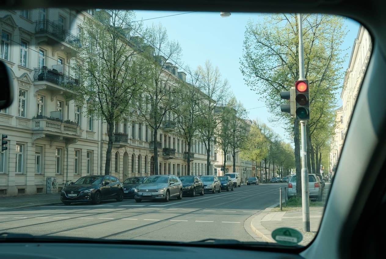 Rote Ampel über einer Altbaustraße, aus dem Auto durch die Windschutzscheibe gesehen